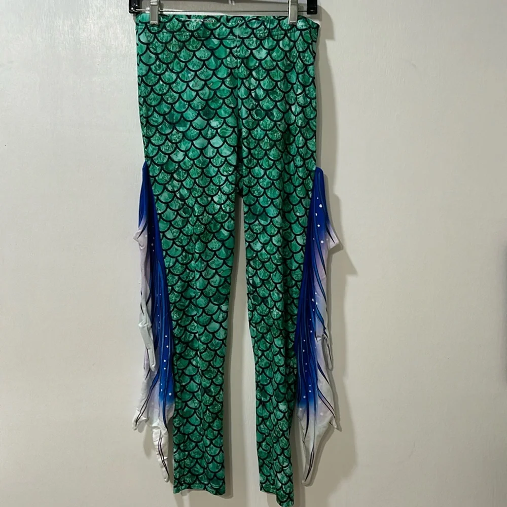 MERMAID YOGA PRINT LEGGINGS GREEN BLUE WOMENS SIZE 4 - Picture 2 of 8